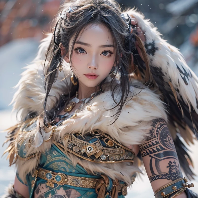 Hide in the snow mountain、Hair flows、 ((highest quality、masterpiece、8k、best image quality、ultra high resolution、Award-winning work)、(accurate anatomy:1.1)、(look at me and smile:1.1)、Shining fair skin with ultra high resolution、most detailed face、ultra high resolution detailed face、ultra high resolutionの髪の毛、(ultra high resolutionの煌めく瞳:1.1)、Beautiful face drawn in every detail、(blurred background:1.1)、ancient Inuit clothing, chest together, tattoo, Old ruins in the background、real giant falcon in the shoulder