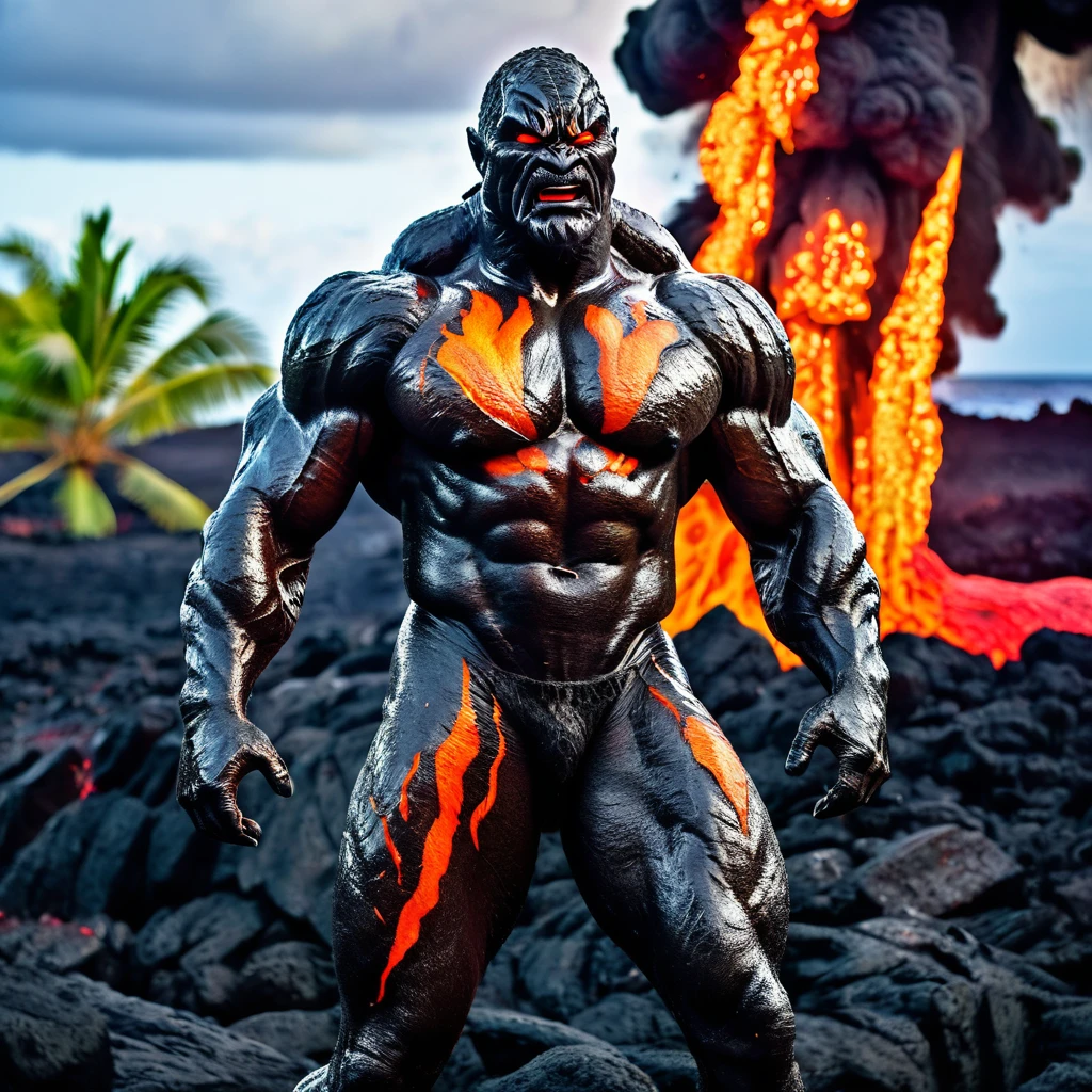 (best quality,4k,highres,masterpiece:1.2),ultra-detailed,(realistic:1.37),WWE superstar The Rock, Lava Demon, lush tropics of Hawaii, rises from a pool of lava, scorches the earth, walks to the sea, volcanic eruptions, intense heat, molten lava, smoldering flames, dramatic landscape, exotic plants, vibrant foliage, towering palm trees, scenic beauty, steam rising, intense red and orange hues, billowing smoke, glowing embers, powerful presence, muscular physique, awe-inspiring, fierce expression, penetrating eyes, chiseled features, lava-like skin texture, lava sparks, fiery aura, searing radiance, epic battle, volcanic energy, primal force, unstoppable, legendary strength, immortal being, otherworldly transformation, volcanic island paradise