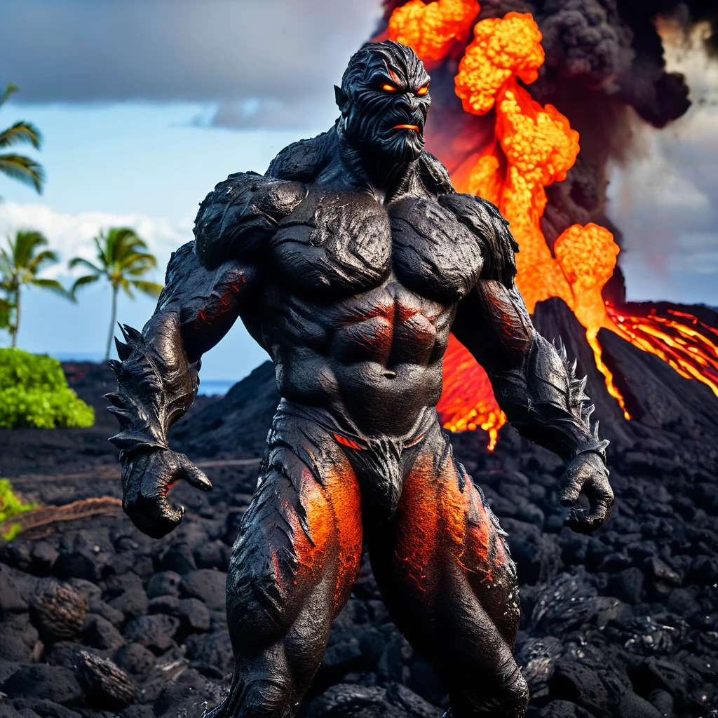 (best quality,4k,highres,masterpiece:1.2),ultra-detailed,(realistic:1.37),WWE superstar The Rock, Lava Demon, lush tropics of Hawaii, rises from a pool of lava, scorches the earth, walks to the sea, volcanic eruptions, intense heat, molten lava, smoldering flames, dramatic landscape, exotic plants, vibrant foliage, towering palm trees, scenic beauty, steam rising, intense red and orange hues, billowing smoke, glowing embers, powerful presence, muscular physique, awe-inspiring, fierce expression, penetrating eyes, chiseled features, lava-like skin texture, lava sparks, fiery aura, searing radiance, epic battle, volcanic energy, primal force, unstoppable, legendary strength, immortal being, otherworldly transformation, volcanic island paradise