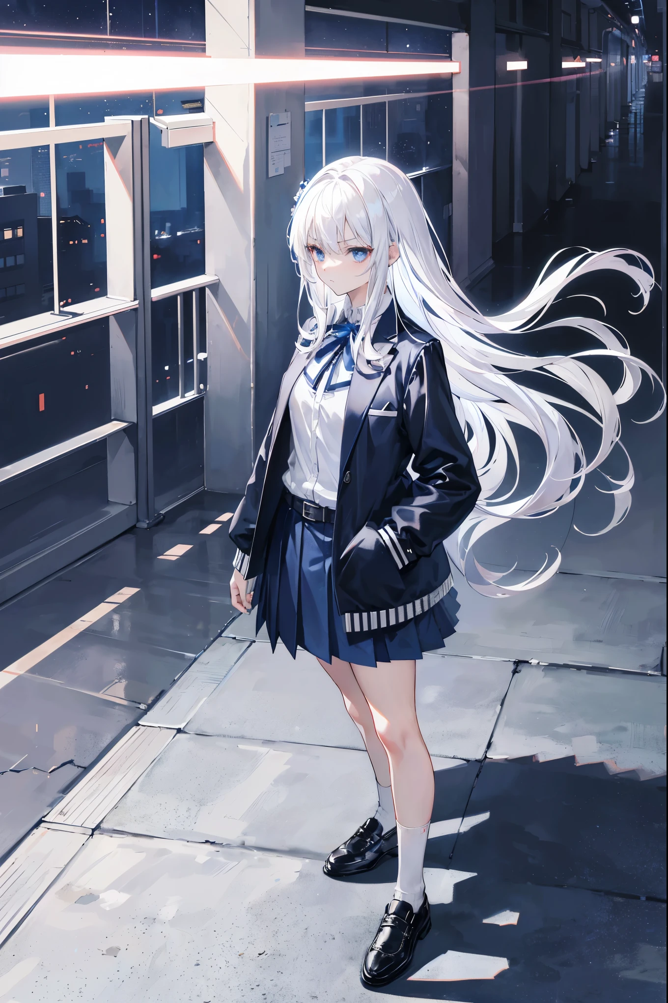"anime girl, 1 person, silver white hair, dark blue eyes, shoulder-length hair,((women's shirt)), women's jacket, belt at the waist, dark blue skirt, school uniform  ,white socks, leather shoes, medium chest, serious face, full body, solo, viewed from many different angles," (full HD 4K+ image)"