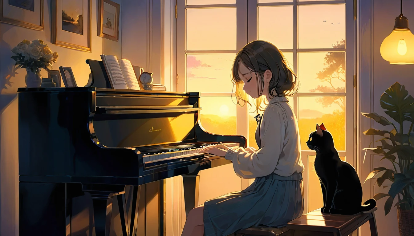 A dusk,
A girl sits in a cozy corner, draw a piano.
The soft yellow light of a desk lamp illuminates her thoughtful expression, revealing deep concentration and a calm posture.
Her gentle gaze is comforting.
It adds to the quiet evening atmosphere, creating a peaceful and tranquil look,with cat.
