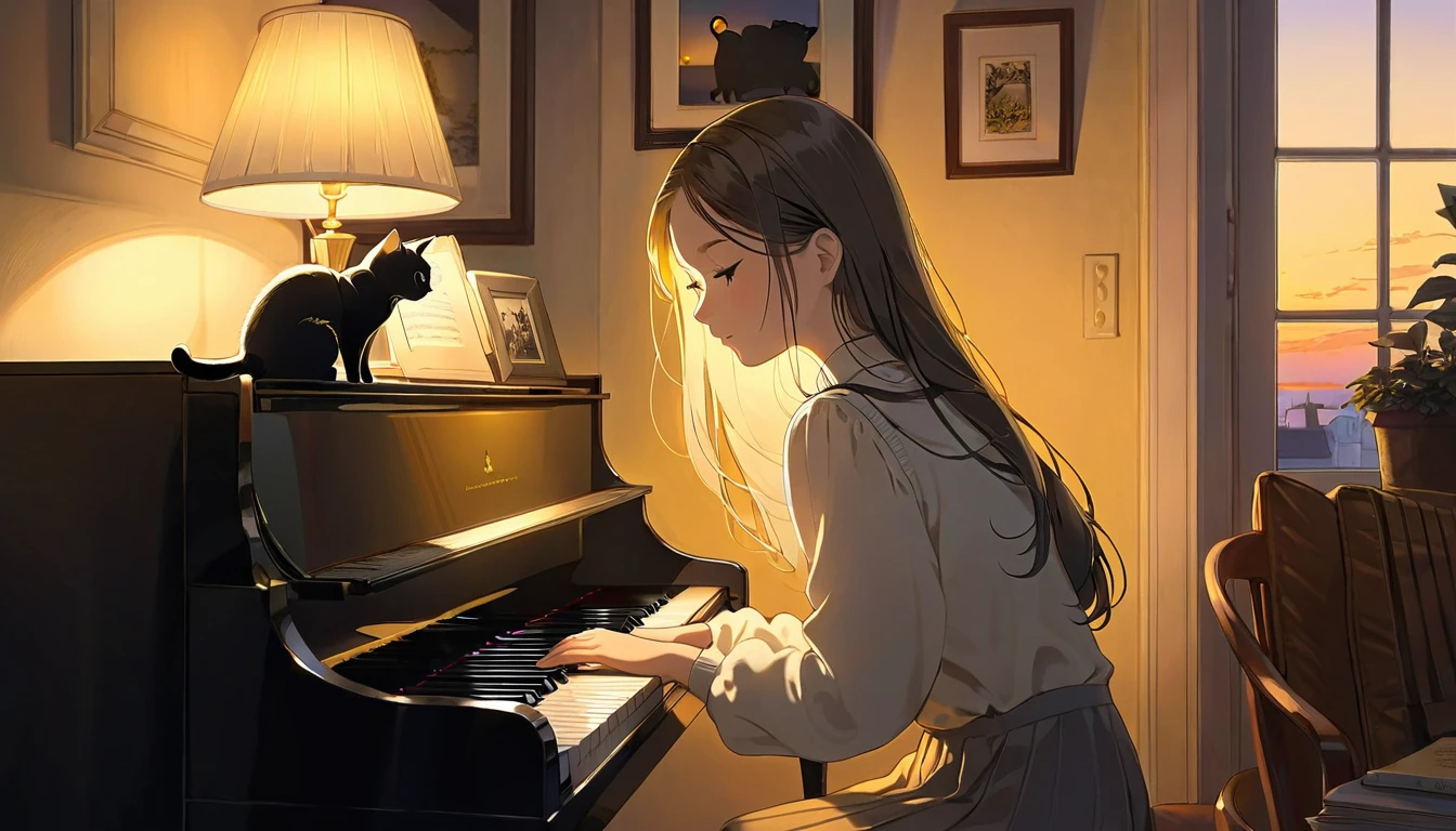 A dusk,
A girl sits in a cozy corner, draw a piano.
The soft yellow light of a desk lamp illuminates her thoughtful expression, revealing deep concentration and a calm posture.
Her gentle gaze is comforting.
It adds to the quiet evening atmosphere, creating a peaceful and tranquil look,with cat.
