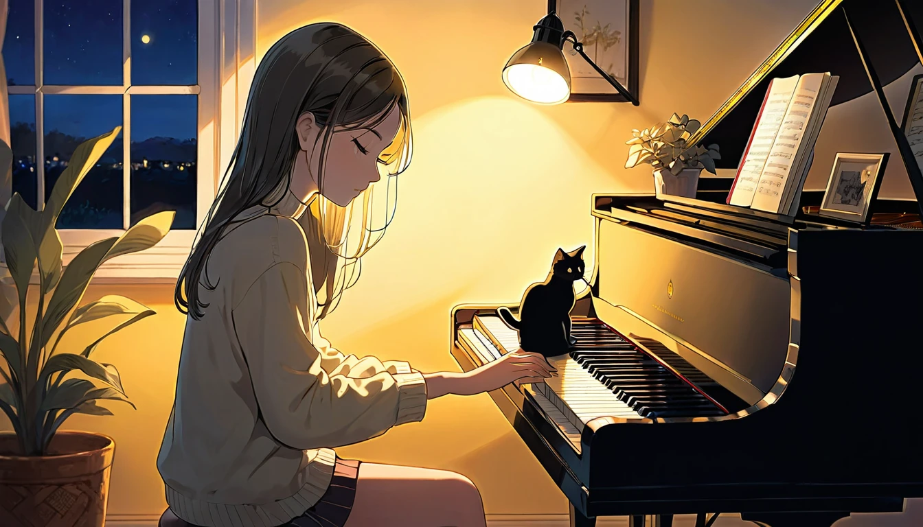 A dusk,
A girl sits in a cozy corner, draw a piano.
The soft yellow light of a desk lamp illuminates her thoughtful expression, revealing deep concentration and a calm posture.
Her gentle gaze is comforting.
It adds to the quiet evening atmosphere, creating a peaceful and tranquil look,with cat.