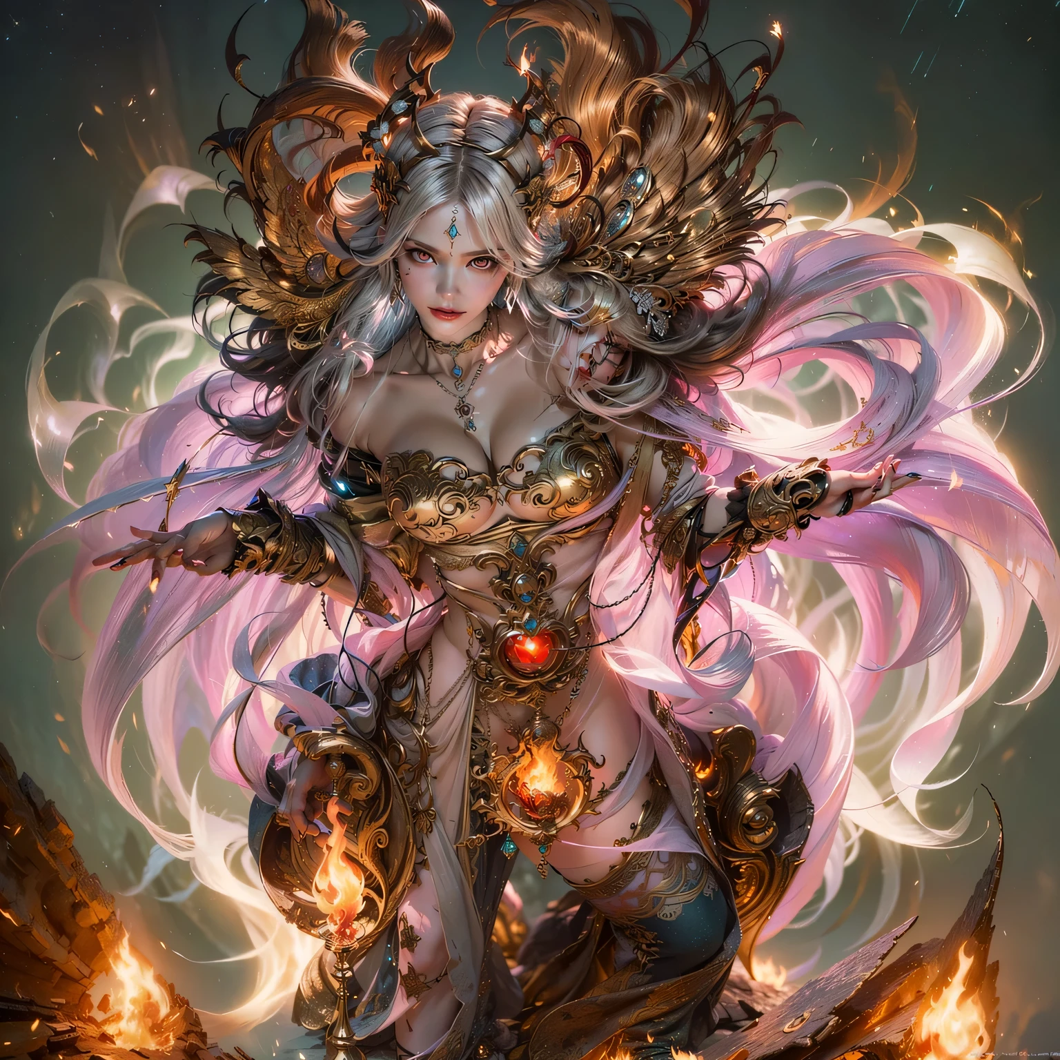 (((8k RAW photo, hyper realistic, masterpiece, best quality, crisp detail, high definition, high detail, very rich detail, sharp focus, sharp detail, colorful, rich color, cinematic, perfect studio lightning, full body photograph, mystic atmosphere, shot from front))), ((fully naked young colorful fire goddes, fully nude, smooth body, ideal body, naughty smile)), (temptating pose, temptating viewer, (flying on the burning sky, burning everything), showing pussy to viewer, big breast, (showing (pussy, vagina, genital, nipples))), ((scorching fire hair)), holding really big long fire sword, ((fire devil wings, fire devil tail)), ((very long sharp claws)), (hundreds of ( skull, bone) on land), (fire element, burning people),