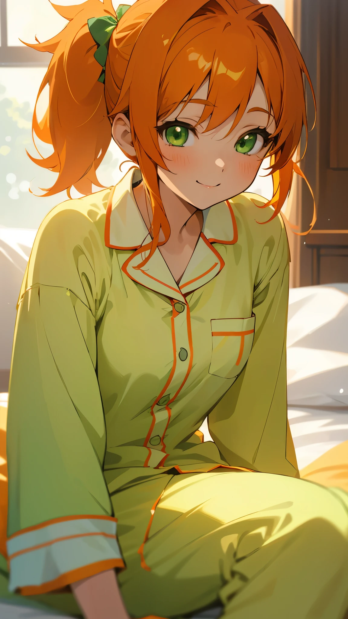 18-year-old girl sitting on bed、alone、Anime style painting、Wearing pajamas、Orange Hair、Beautiful green eyes、Side Ponytail、smile、smile、The soft texture of pajamas、Upper body close-up、Orange and green colours、Background Blur、Depth of the drawn border