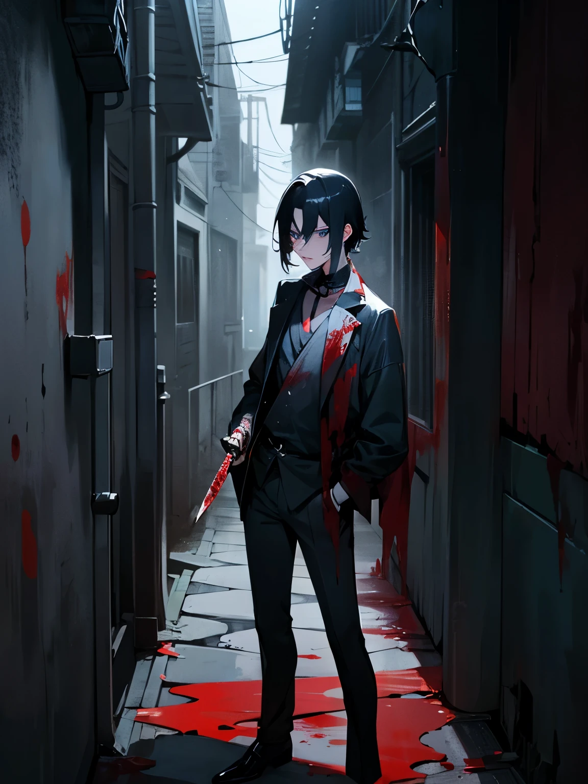 (nighttime), (evening) anime male, man, pale skin, dark blue eyes, black hair, (holding a knife), bloody, ((standing in a dark alley)), (lots of blood)