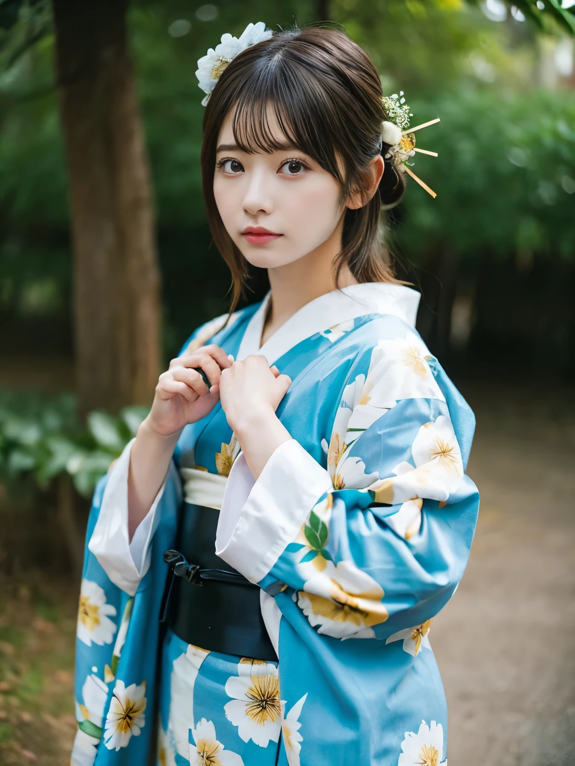 masterpiece,highest quality,Highest Resolution:1.2,Hyperrealistic:1.5,16k raw photos:1.5、 One Girl, 23 year old mature woman、 Ahoge Hair Accessory、kimono ,詳細なbeautifulkimonoの表現、Eye highlights,Depth of written boundary,Bokeh、face,style,beautiful、Keep your eyes down,Gesture of shame、