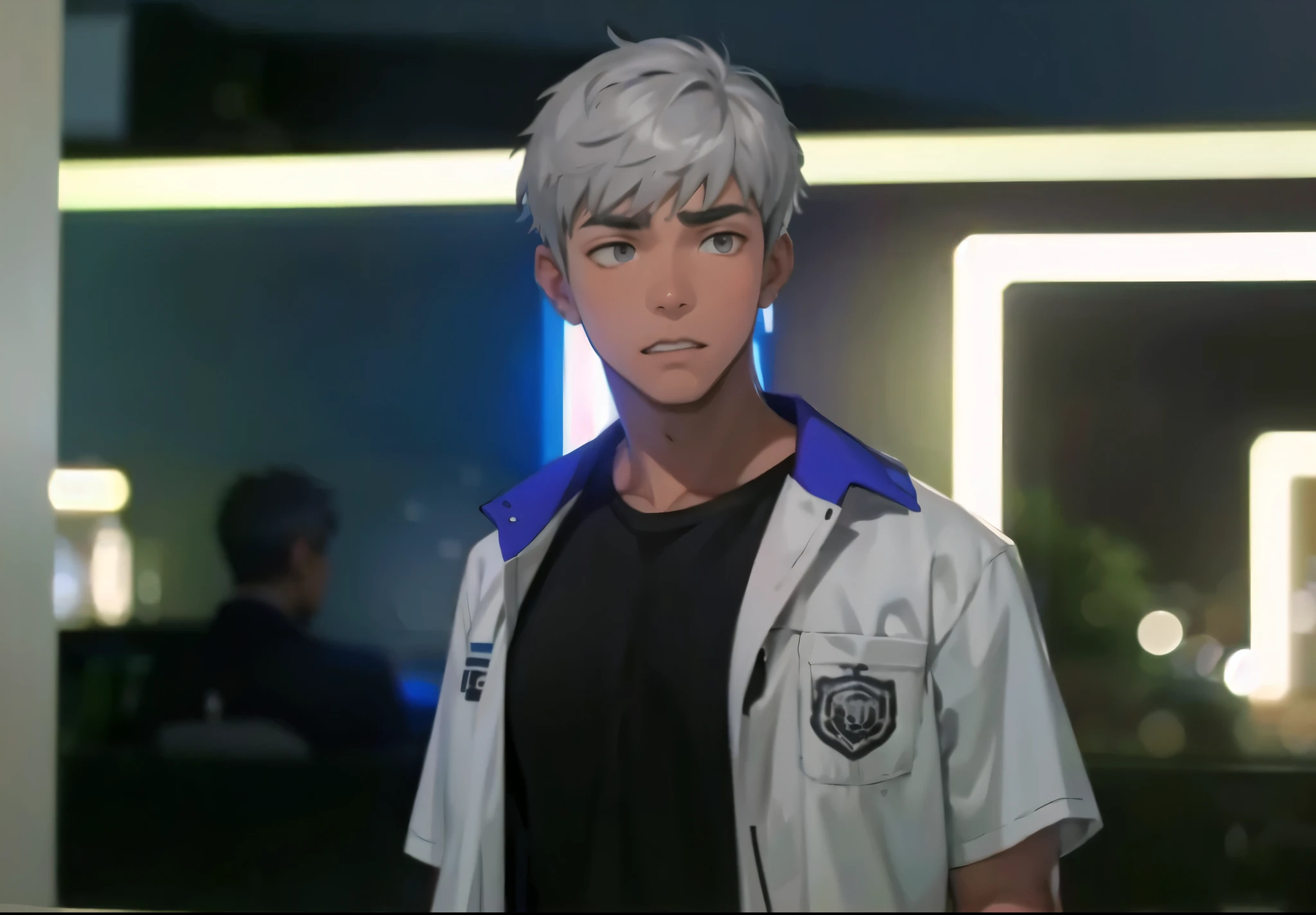 There is a  boy, gray hair, gray eyes, he is thoughtful, sad.