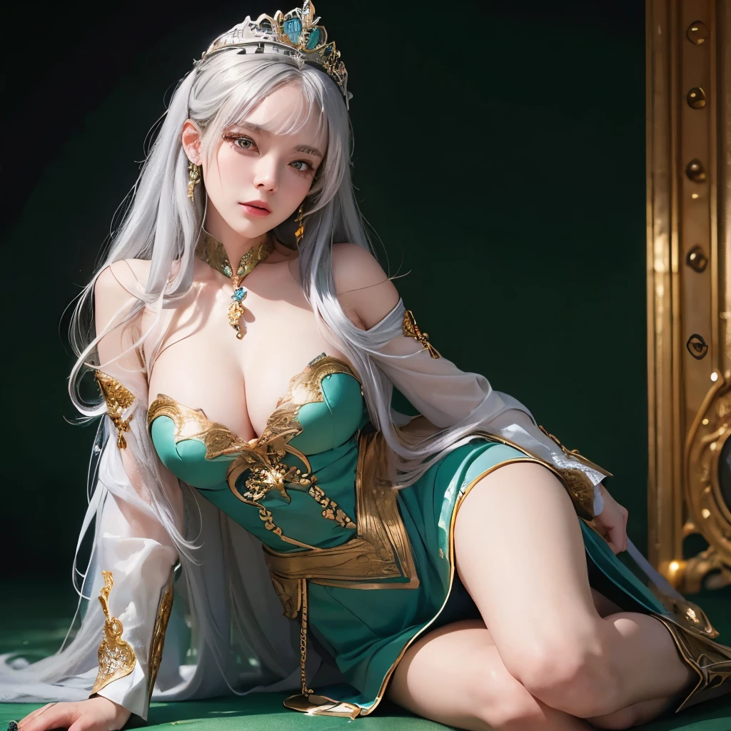 Girl, spellcaster, gold and silver uniform, silver hair, wear tiara, round face, detailed face, picture form top to knee, sexy pose, big chest, look at camera, camera from top to bottom, detailed, photorealistic, best quality, green background