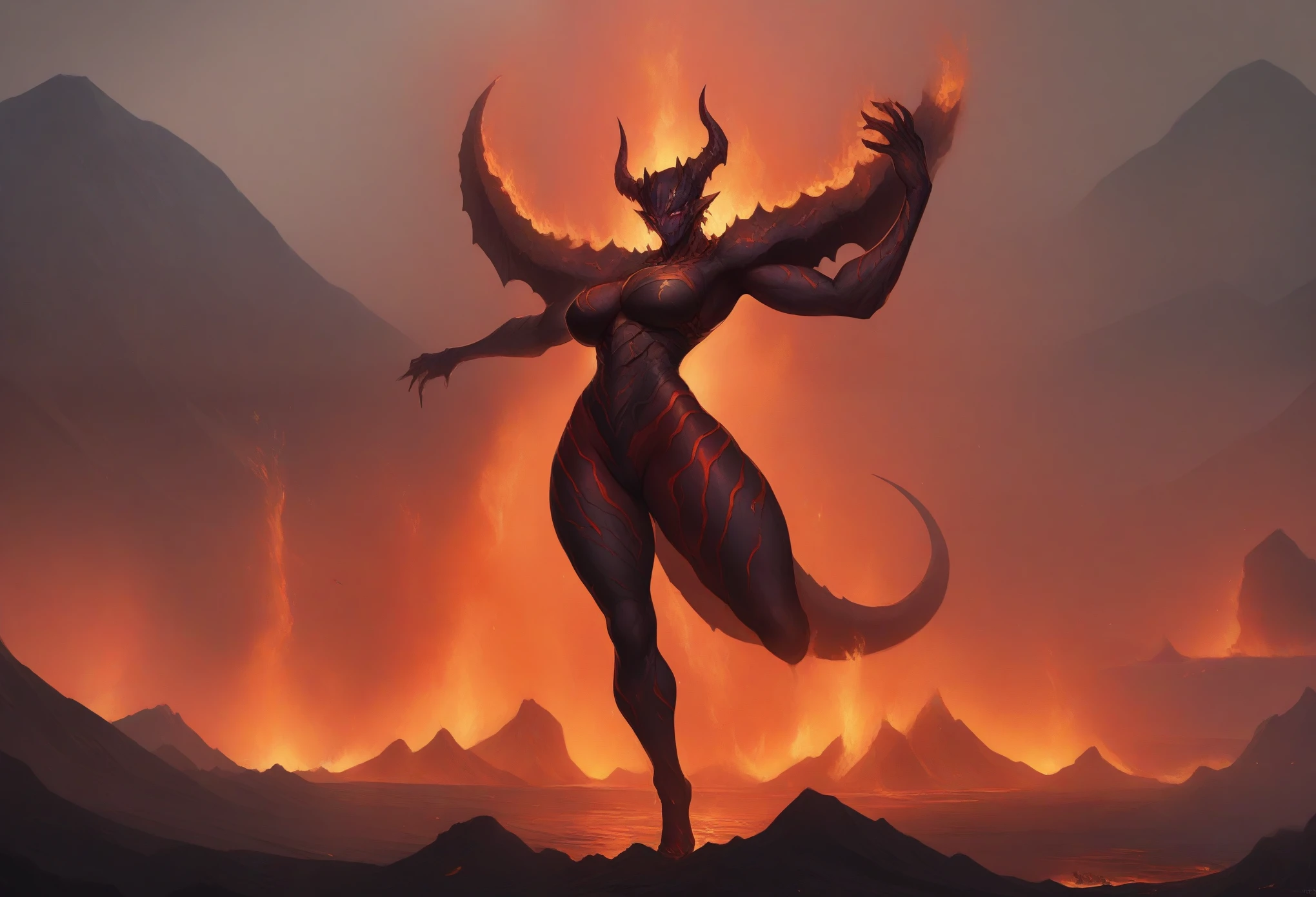 (masterpiece, best quality:1.2), standing_split,
(Majestic, Terrifying, female Lava Demon), (Volcanic, Infernal, Creature), (Dark, Scarlet, Skin), (High resolution, 8K Wallpaper), Textured, Sculpted Muscles, Vibrant, Glowing Eyes, Sultry, Smoky Breath, Fire, Magma, (Two horns, Tail coils), (Sensitive, Lava Skin), Showcasing, Detailed Facial Features, Charred, Craggy Complexion, (Dynamic, Dramatic Lighting), Smoldering, Epic, Lava, Volcano, Molten, (full body armor:1.2)