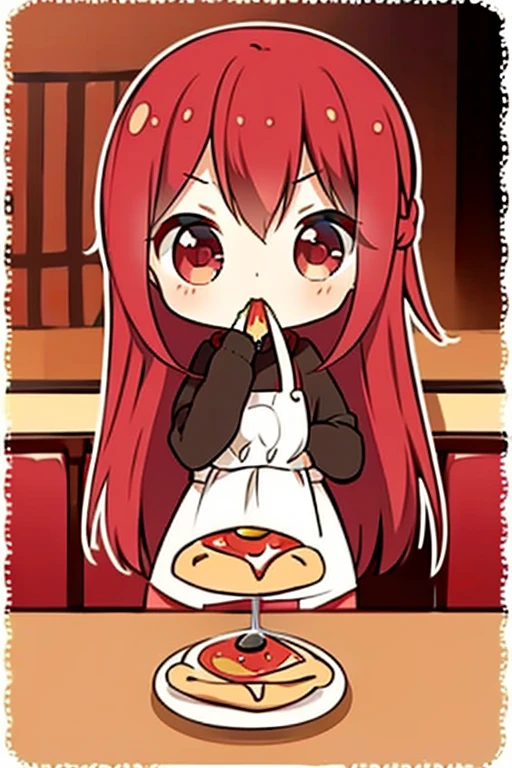 A red haired woman with red eyes with an hourglass figure in a cute sweatshirt dress is eating pizza at  restaurant