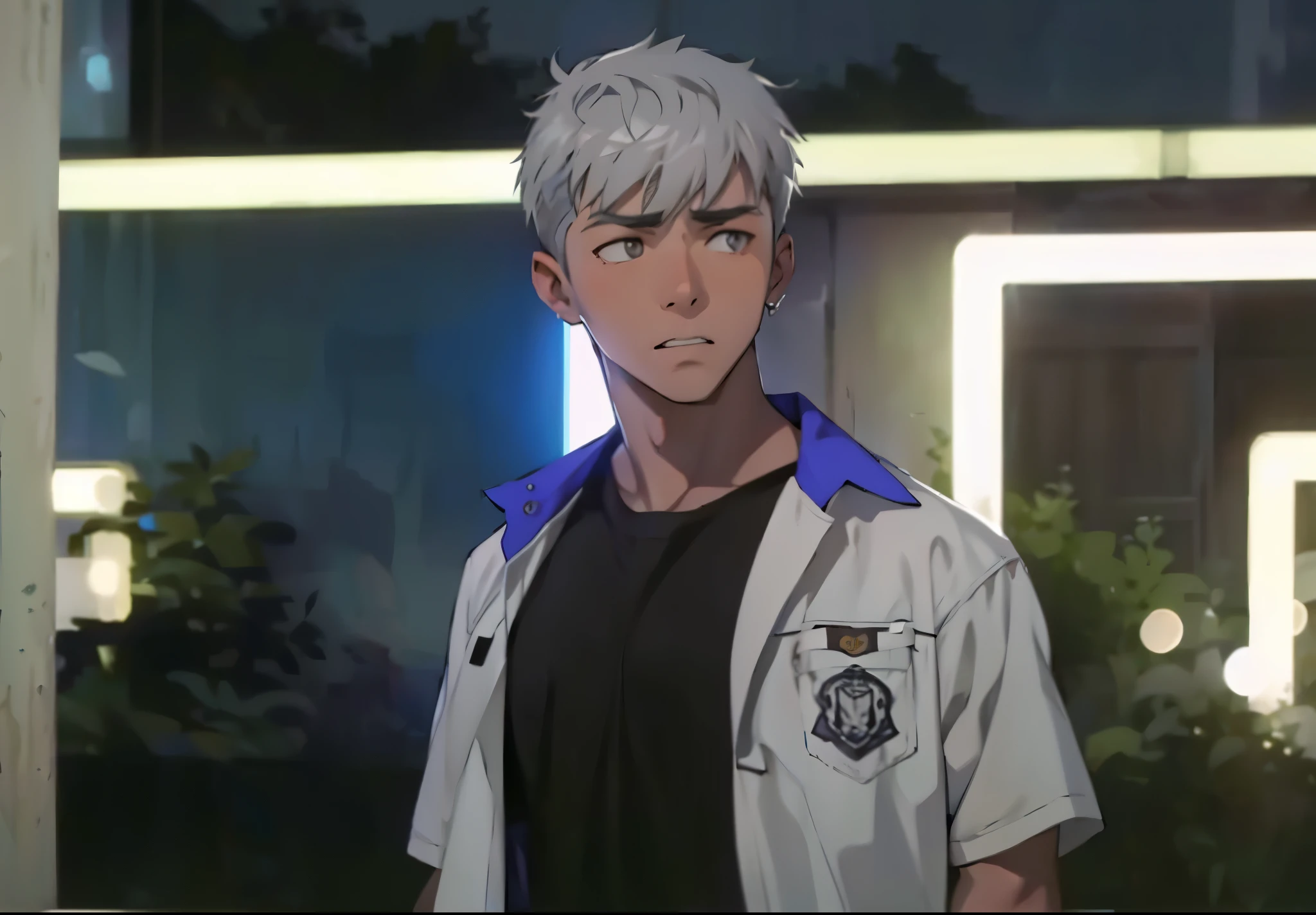 There is a boy, gray hair, gray eyes, he is thoughtful, sad.