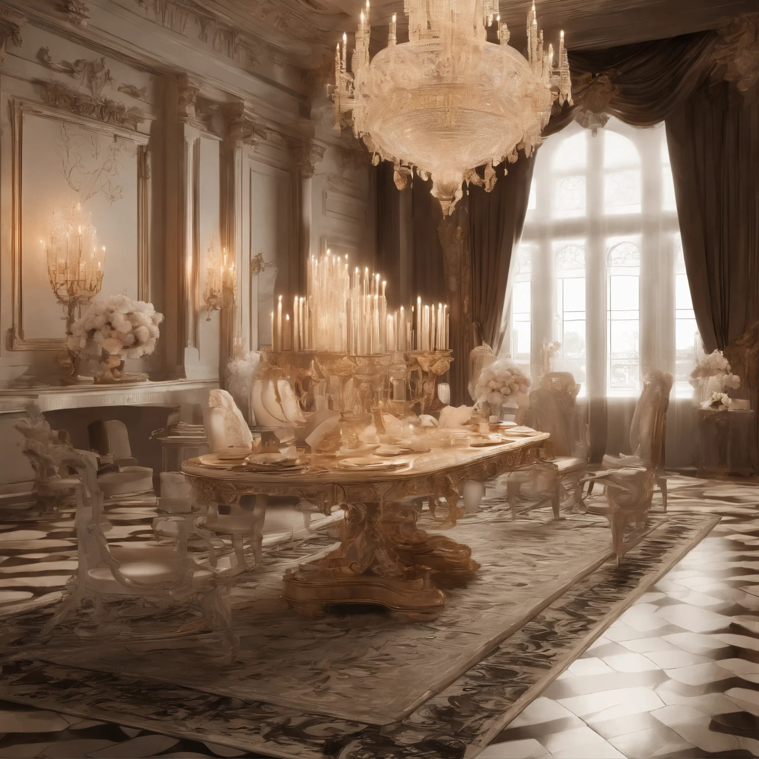 Victorian Hall, Masquerade Ball, Period clothing, candelabros de cristal, pianoforte, damas y caballeros elegantes, tonos sepia y dorados, calidad 8K, CG ultra detallado, texturas de seda y terciopelo realistas, hiperrealismo, resolution increase, maximum quality, soft candle lighting, trazos de rayos, golden ratio, enfoque en expresiones faciales sutiles.