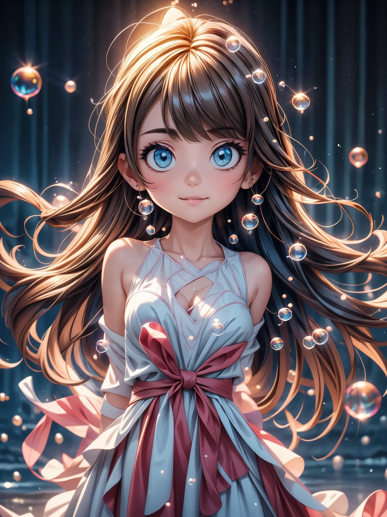 
A  dancing with soap bubbles,illustration,Soft colors,soft light,high resolution,Super detailed,best quality,portrait,fantasy,Charming atmosphere,floating dress,Beautiful and delicate eyes,Flowing long hair,Slender fingers,Dream background,Detailed background,Subtle light,Bubbles,Water Drops,fantasy theme,lively movement, Octane Render 