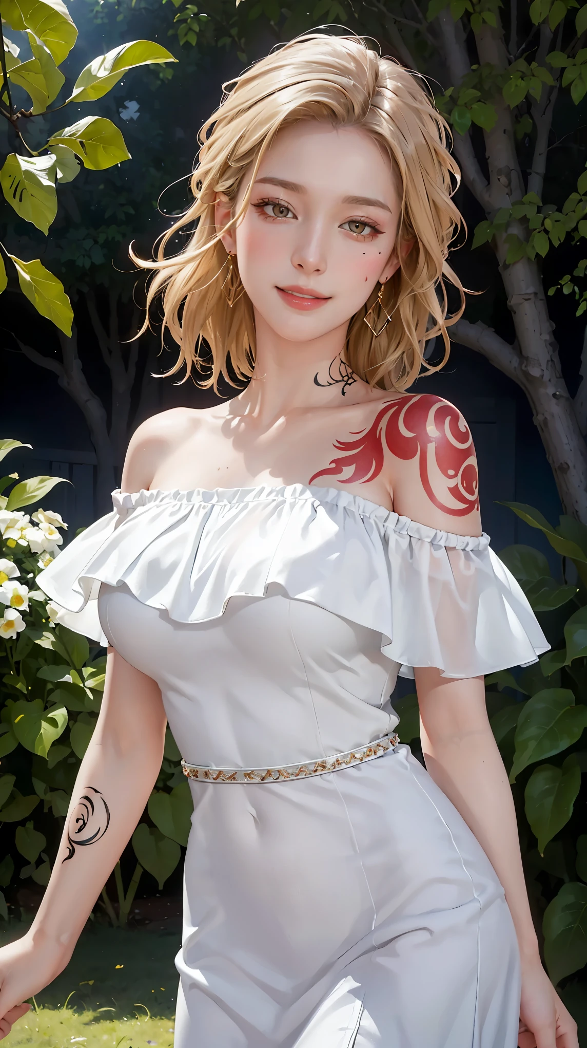 ((((masterpiece, best quality, high resolution)))), Extremely detailed 8K, Beautiful girl with voluptuous body, (Ultra HD, Ultra-detailed, Highly detailed, Highly realistic, Ultra-realistic, photograph realistic), (1girl:1.5), (Realistic blonde hair), (long wavy hair, hair ornaments, earrings), (dynamic poses), facing at camera, looking at viewer, (blushing red, embarrassed, smile), (red eyes, sharp eyes), (large perky breasts:1.2), (beautiful detailed face, beautiful detailed eyes), ((off shoulder midi sundress)), (body tattoo:1.3), (standing up), sweat, glow, (sunbeam, sunlight), ((cowboy shot)), garden, seductive