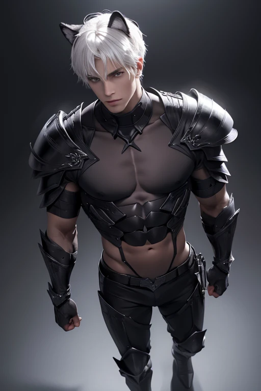 Full full Body photorealistic 4k, high resolution, best quality, masterpiece, perfect color, perfect shade, perfect lighting, Posted by e621, ((portrait)), ((handsome man)), perfect male figure, Short hair details,chest muscles,abdominal muscles,Naked torso,Detailed face, perfect face, (stood up), Detailed background, ((Bonifasco Lighting)), (delicate eyes),((black armor)),((animal ears)),white hair