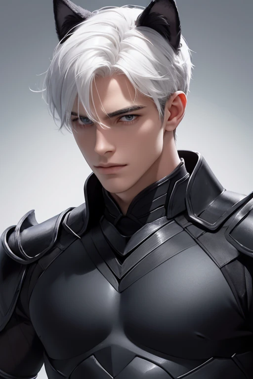 Full full Body photorealistic 4k, high resolution, best quality, masterpiece, perfect color, perfect shade, perfect lighting, Posted by e621, ((portrait)), ((handsome man)), perfect male figure, Short hair details,chest muscles,abdominal muscles,Naked torso,Detailed face, perfect face, (stood up), Detailed background, ((Bonifasco Lighting)), (delicate eyes),((black armor)),((animal ears)),white hair
