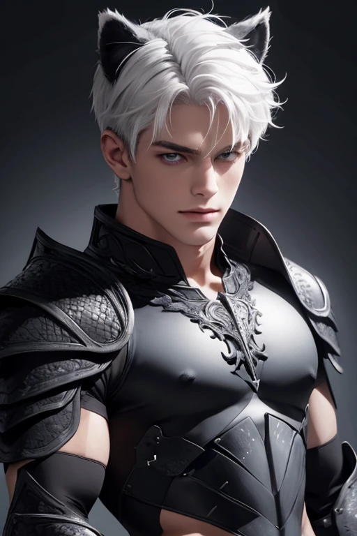 Full full Body photorealistic 4k, high resolution, best quality, masterpiece, perfect color, perfect shade, perfect lighting, Posted by e621, ((portrait)), ((handsome man)), perfect male figure, Short hair details,chest muscles,abdominal muscles,Naked torso,Detailed face, perfect face, (stood up), Detailed background, ((Bonifasco Lighting)), (delicate eyes),((black armor)),((animal ears)),white hair