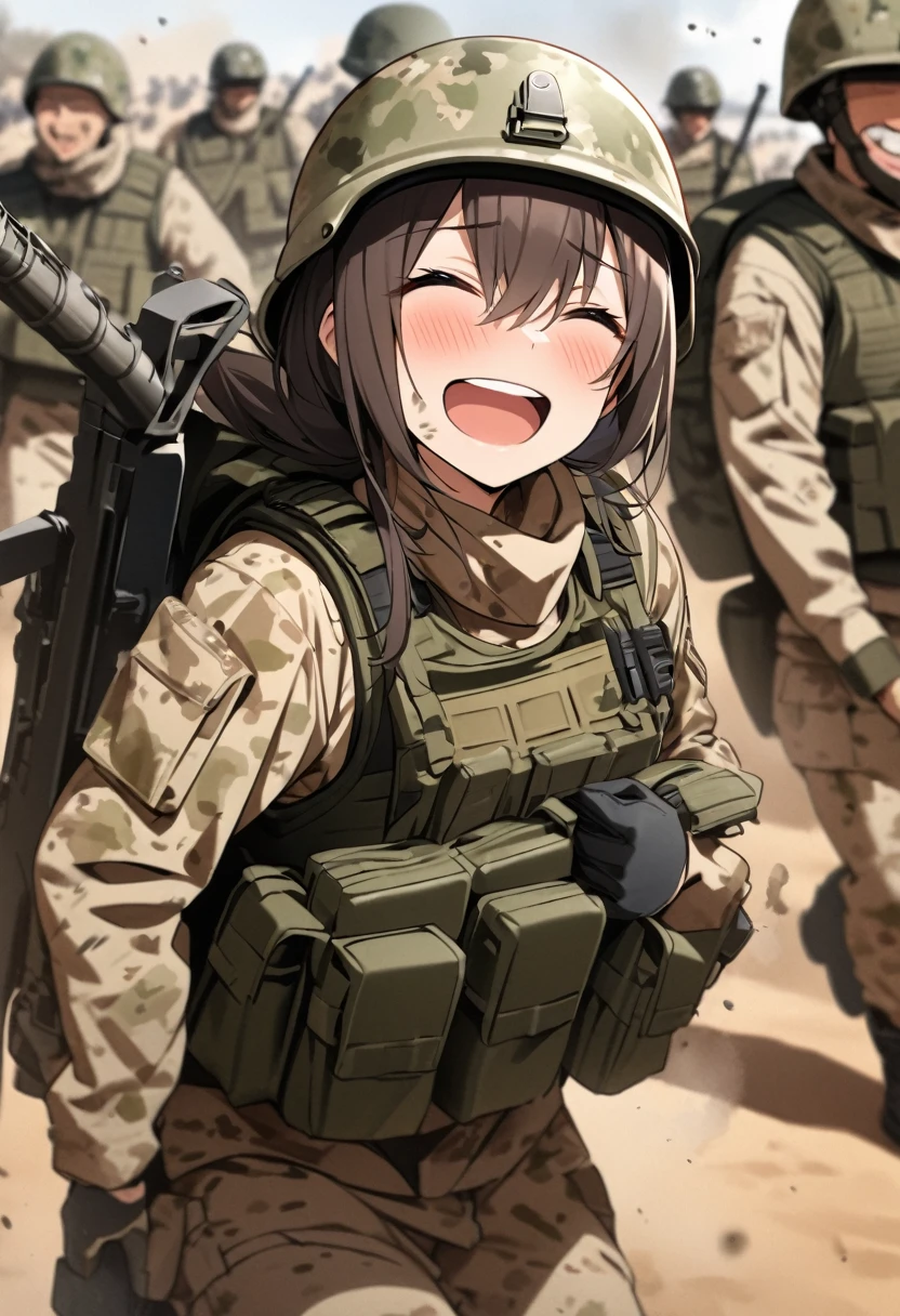 High quality, high definition images, full HD、8k.1 girl Short chestnut hair wearing US combat uniform Wear a helmet deeply, holding a rifle,m1The image of running with a tank.、desert camouflage,A big backpack on my back, bulletproof vest,Laughing at the tank,many soldiers,The whole body is covered with dust, it is dirty,colorful camouflage clothing, colorful soldiers