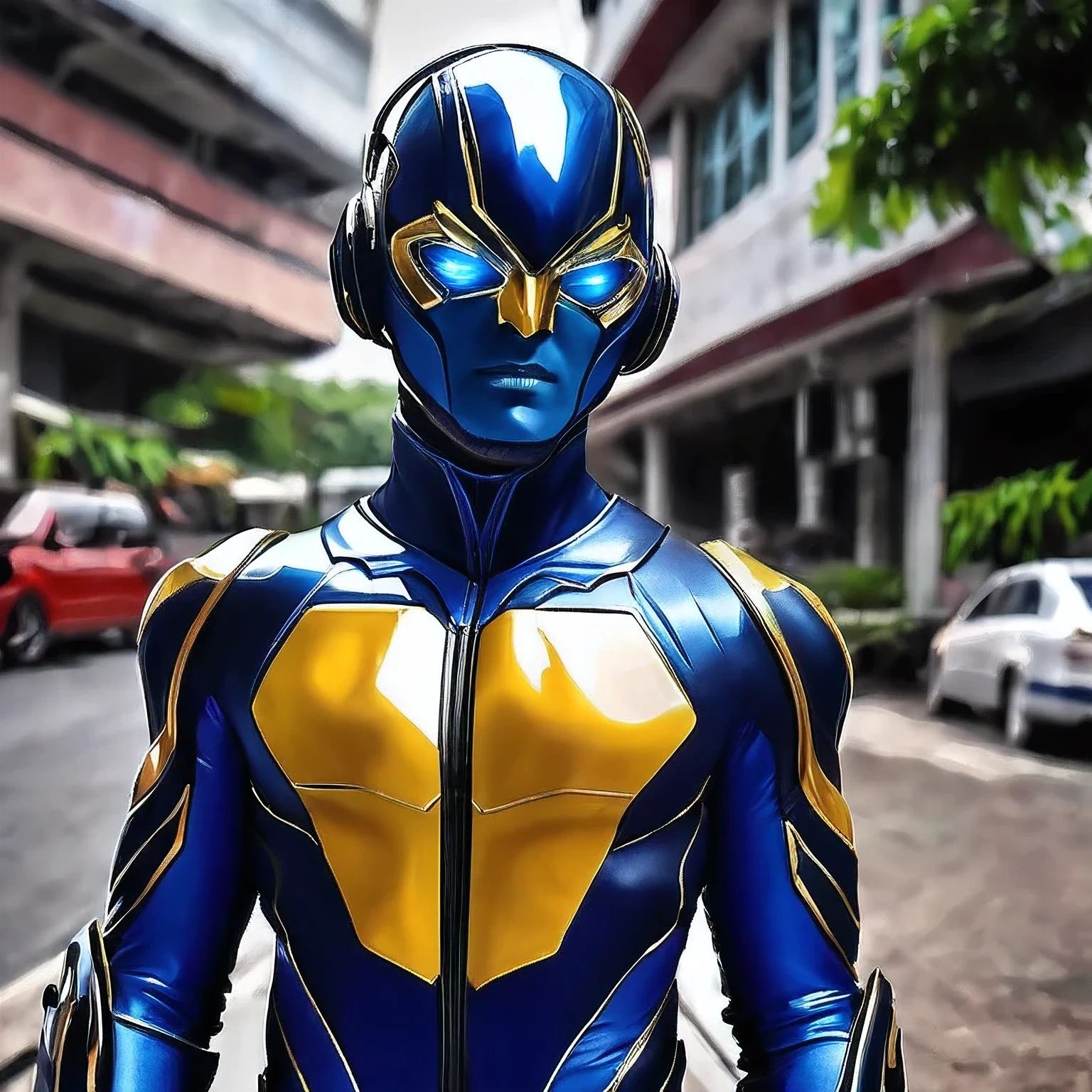 Judul: Blue Beetle
Deskripsi Prompt Gambar AI:
Gambarkan seorang pria muda dengan tubuh atletis yang mengenakan kostum superhero futuristik berwarna biru dengan aksen hitam. Kostumnya memiliki desain yang canggih dengan garis-garis modern dan elemen teknologi. Pria tersebut berdiri di atas atap gedung dengan latar belakang kota yang bercahaya di malam hari. Dia memandang ke depan dengan sikap yang penuh keberanian dan keberanian di wajahnya. Di sekitarnya, ada cahaya biru yang bersinar dari perangkat teknologi yang tersemat dalam kostumnya, memberikan kesan bahwa dia adalah pahlawan modern yang siap untuk bertindak dalam pertarungan melawan kejahatan.