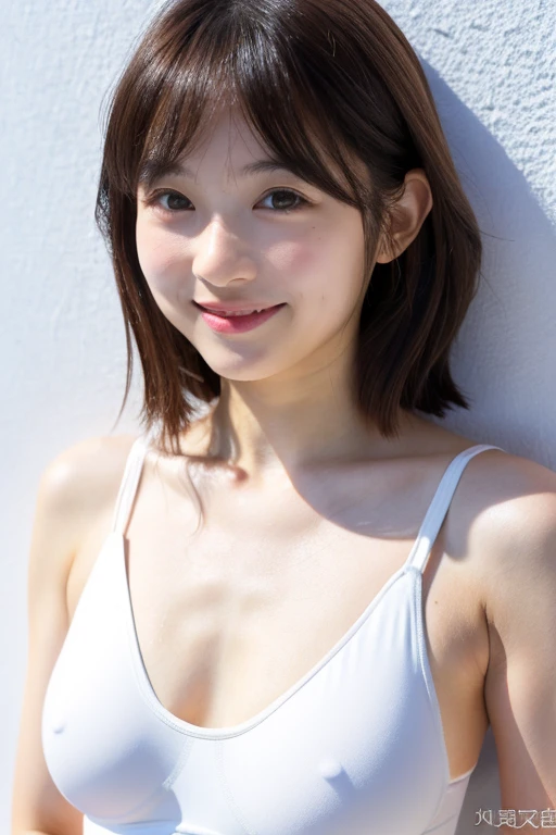 A cute Japanese woman who looks a little mature, smile, inorganic snow white walls, natural skin, cute, expressionless, long straight hair, well-shaped bangs, young girl, young face, short height, white swimsuit, small , Natural skin texture, upright posture