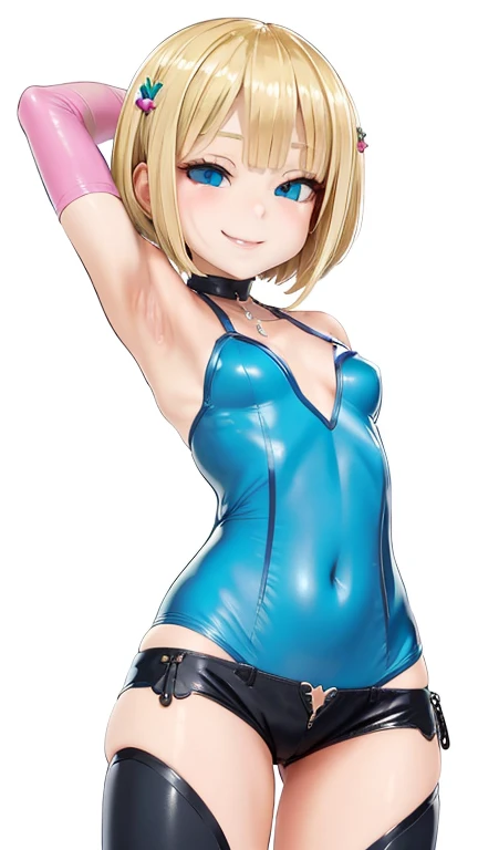 Blonde hair, short mash hair, turquoise eyes,A girl with impressive blonde hair、hair ornaments、short bob、hot pants、smile、dynamic pose, Pink bondage suit, mocking smile、Small breastasutepiece, Best Quality, 1 girl, Solo, effect, Dark background