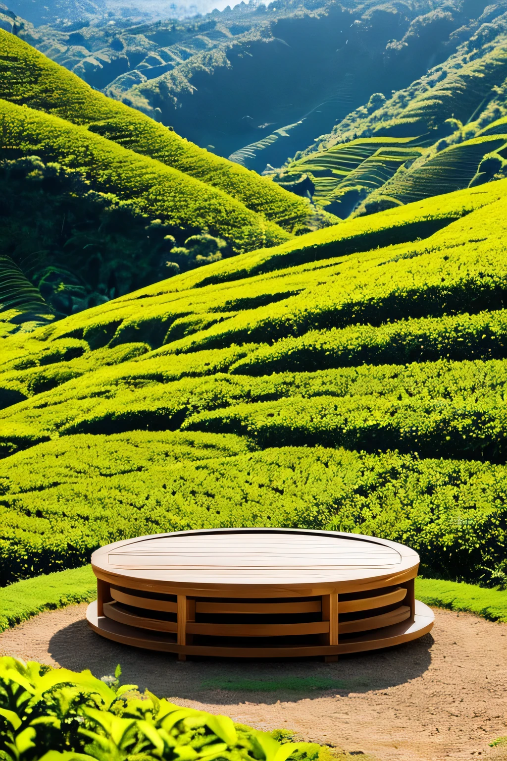 A circular wooden platform for displaying products on a landscape among tea fields filled with bright sunlight