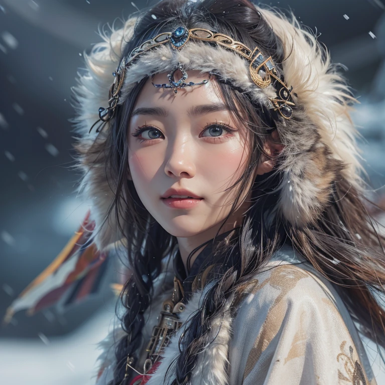 Hide in the snow mountain、Hair flows、 ((highest quality、masterpiece、8k、best image quality、ultra high resolution、Award-winning work)、(accurate anatomy:1.1)、(look at me and smile:1.1)、Shining fair skin with ultra high resolution、most detailed face、ultra high resolution detailed face、ultra high resolutionの髪の毛、(ultra high resolutionの煌めく瞳:1.1)、Beautiful face drawn in every detail、(blurred background:1.1)、ancient Inuit clothing, chest together, tattoo, Old ruins in the background、real giant eagle aside