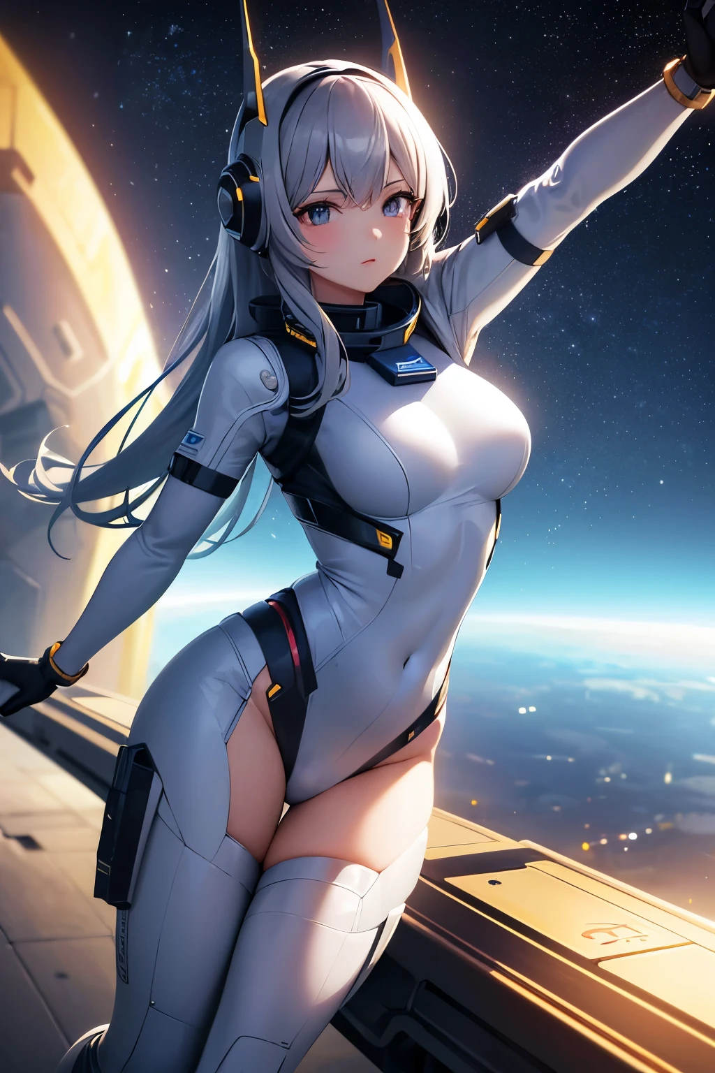 (masterpiece, best quality), (absurdres), (ultra detailed, 8K, ultra highres:1.2), 1girl, dynamic pose, cinematic composition, (sci-fi:1.3), space, in spaceship, zero-gravity, astronaut costume, helmet