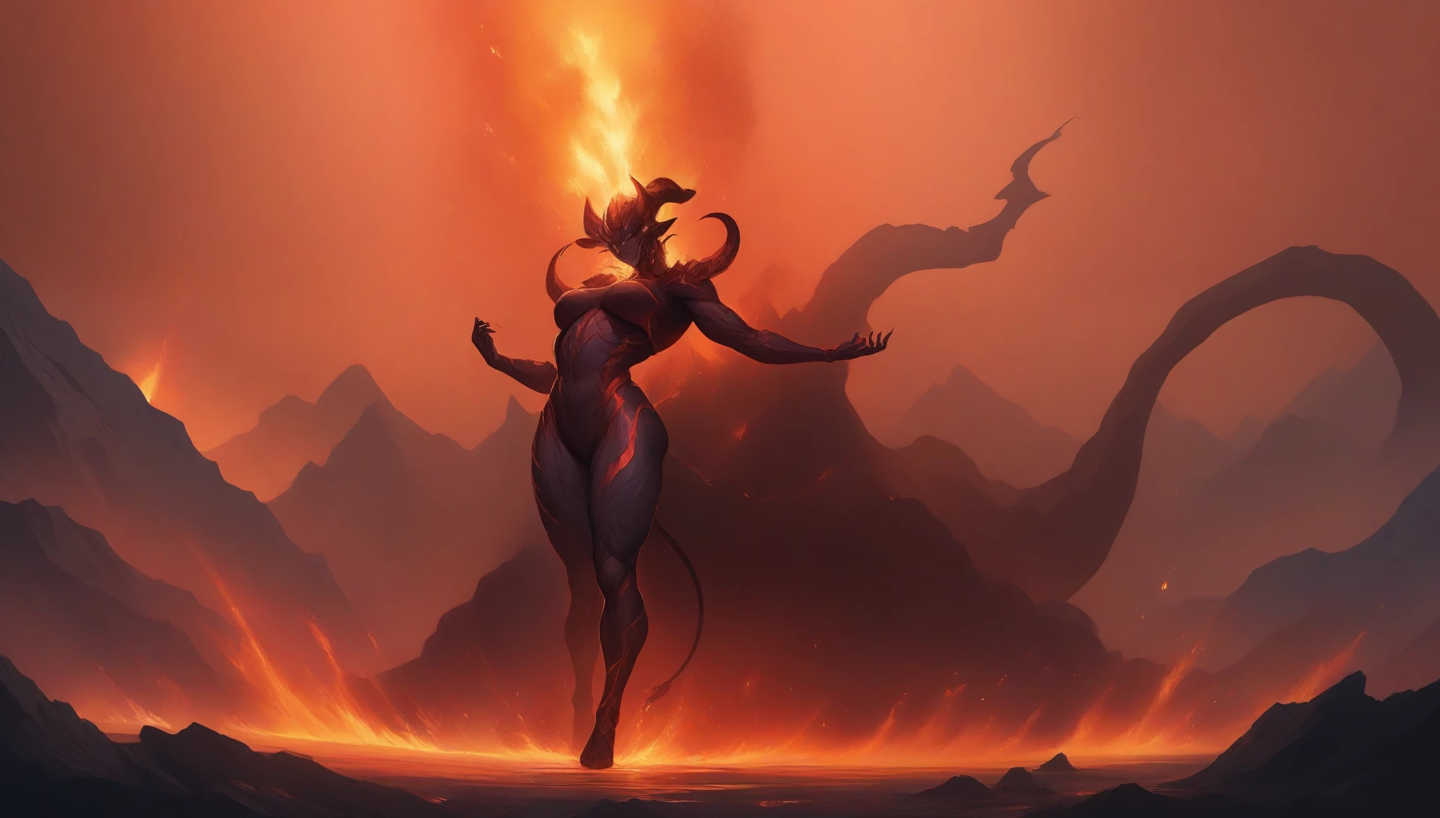(masterpiece, best quality:1.2), standing_split,
(Majestic, Terrifying, female Lava Demon), (Volcanic, Infernal, Creature), (Dark, Scarlet, Skin), (High resolution, 8K Wallpaper), Textured, Sculpted Muscles, Vibrant, Glowing Eyes, Sultry, Smoky Breath, Fire, Magma, (Two horns, Tail coils), (Sensitive, Lava Skin), Showcasing, Detailed Facial Features, Charred, Craggy Complexion, (Dynamic, Dramatic Lighting), Smoldering, Epic, Lava, Volcano, Molten, (full body armor:1.2)
