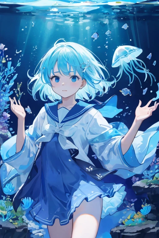 jellyfish、光るjellyfish、Aquarium、girl、In the water、Spreading hair、Aquarium、Light blue transparent hair color、Sailor suit、Beautiful colors、Neon color、