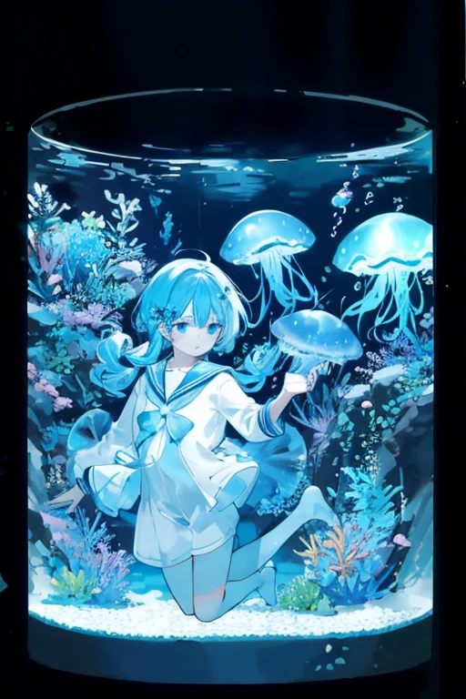 jellyfish、光るjellyfish、Aquarium、girl、In the water、Spreading hair、Aquarium、Light blue transparent hair color、Sailor suit、Beautiful colors、Neon color、