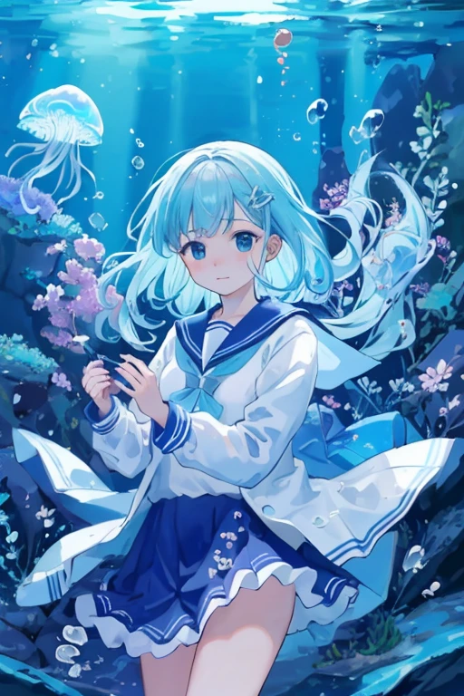 jellyfish、光るjellyfish、Aquarium、girl、In the water、Spreading hair、Aquarium、Light blue transparent hair color、Sailor suit、Beautiful colors、Neon color、