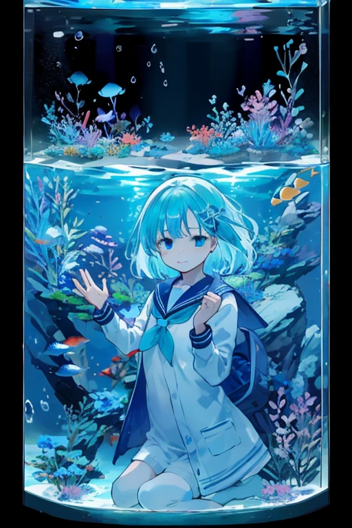 jellyfish、光るjellyfish、Aquarium、girl、In the water、Spreading hair、Aquarium、Light blue transparent hair color、Sailor suit、Beautiful colors、Neon color、