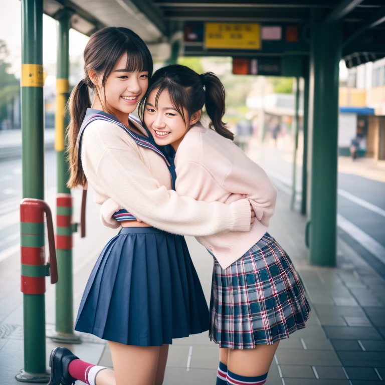 highest quality、High resolution、Detailed Background、Beautiful and elaborate face、Beautiful, smooth skin、Skin Texture、Professional Lighting、Beautiful teenage girl、(Three Women),Cute hairstyles such as ponytails、Cute colored sailor uniform、Cute school cardigan in pastel colors、Checkered pleated mini skirt、Knee-high socks、On the way to school、Wait for the train at the station platform、Laughter、smile、sexual expression、Please show me your whole body、Playfully hugging、Laughter