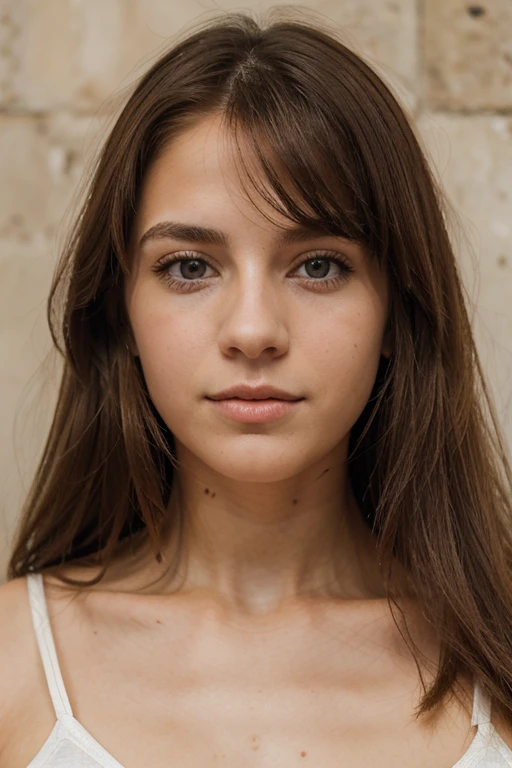 obra maestra, hiper realista, ultra detallado, muy buena calidad, foto retrato, fondo blanco liso, foto tomada de frente, Young woman about 25 years old, pelo largo, rubia, guapa, ojos claros, rasgos ultradefinidos.