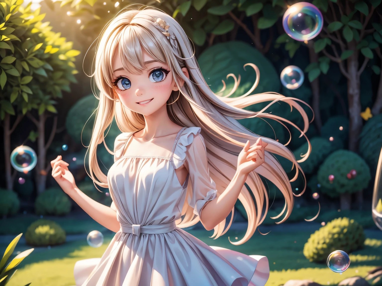 A  dancing with soap bubbles,illustration,Soft colors,soft light,high resolution,Super detailed,best quality,portrait,fantasy,Charming atmosphere,floating dress,Beautiful and delicate eyes,Flowing long hair,Slender fingers,Fantasy Background,Detailed background subtle glow,Ethereal theme,lively movement, Octane Render