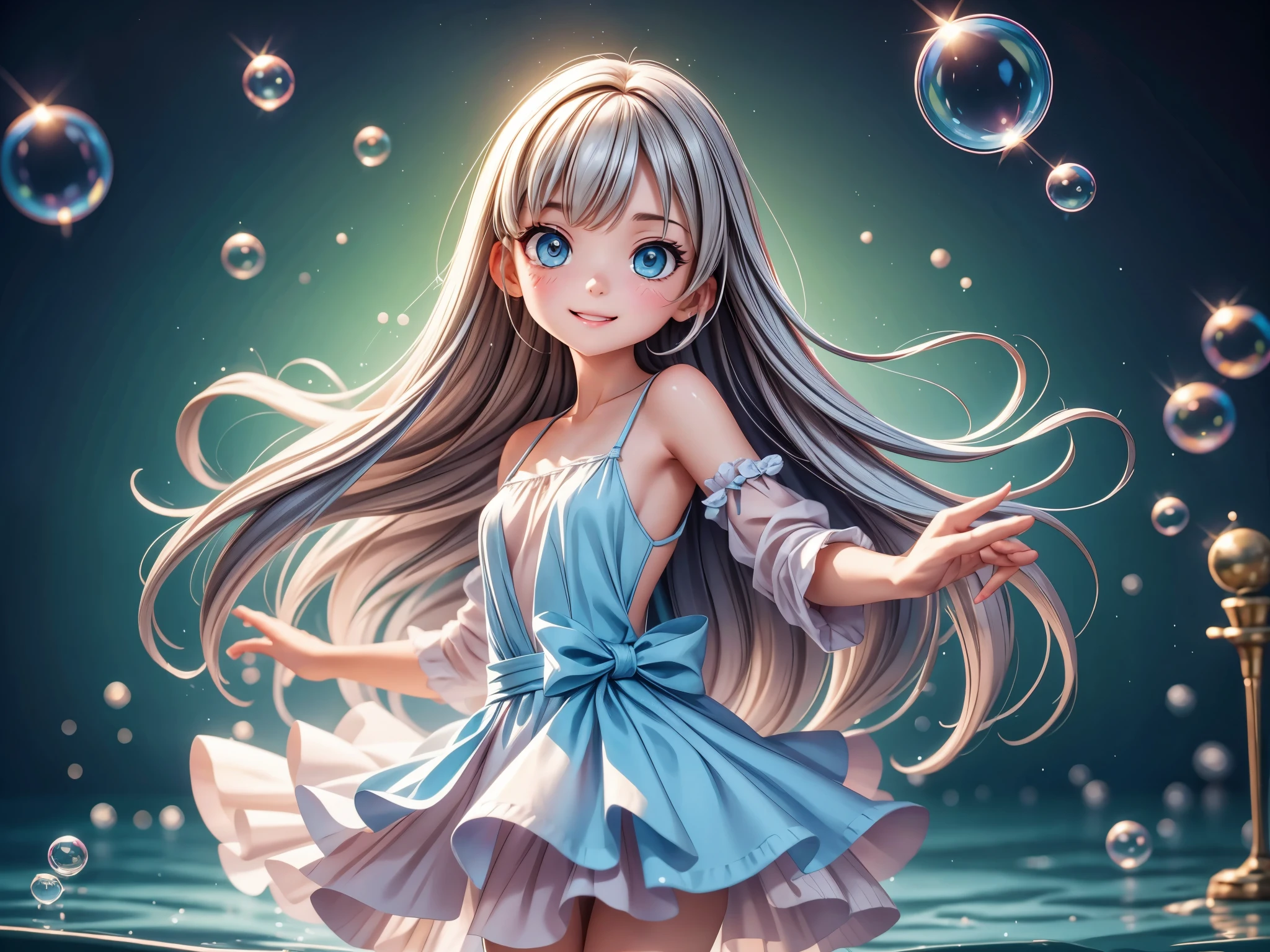 
A little girl dancing with soap bubbles,illustration,Soft colors,soft light,high resolution,Super detailed,best quality,portrait,fantasy,Charming atmosphere,floating dress,Beautiful and delicate eyes,Flowing long hair,Slender fingers,Dream background,Detailed background,Subtle light,Bubbles,Water Drops,fantasy theme,lively movement, Octane Render 