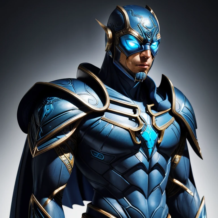 Behold the majestic image of the Blue Beetle superhero, a perfection of detailed design and vibrant colors. With a sleek blue exoskeleton and intricate gold accents, every line and contour is captured in ultradetail and photorealistic perfection. His piercing eyes gleam with a sharp focus, ready to protect the world from danger. HDR lighting brings the image to life, casting vivid colors and depth, making this a true professional-grade, splash:1.2 masterpiece. The best quality brings every minute detail to the forefront, from the micro-textures of his armor to the individual fibers in his cape. This captivating portrait of the Blue