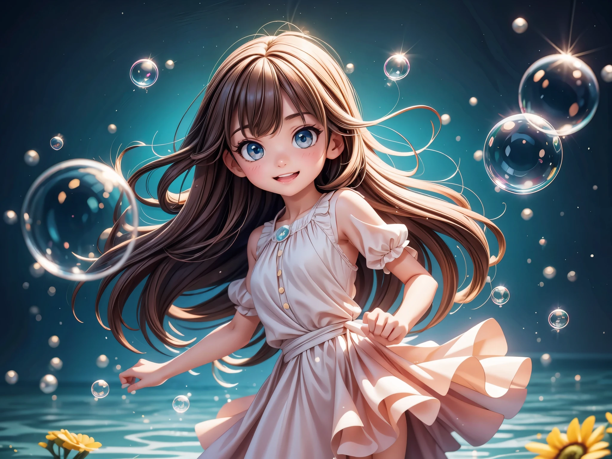 
A little girl dancing with soap bubbles,illustration,Soft colors,soft light,high resolution,Super detailed,best quality,portrait,fantasy,Charming atmosphere,floating dress,Beautiful and delicate eyes,Flowing long hair,Slender fingers,Dream background,Detailed background,Subtle light,Bubbles,Water Drops,fantasy theme,lively movement, Octane Render 