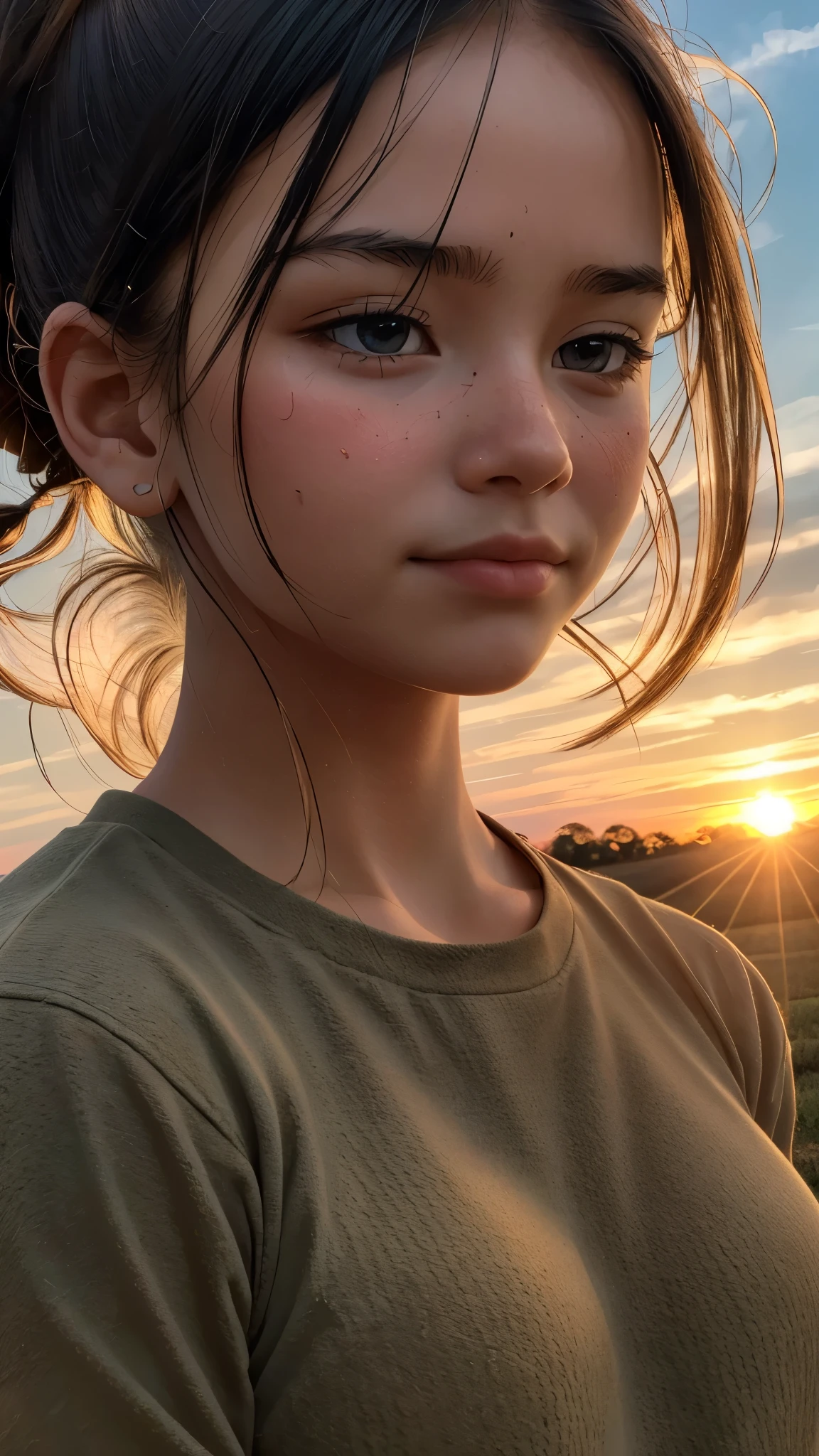 (best quality,4k,8k,highres,masterpiece:1.2),ultra-detailed,(realistic,photorealistic,photo-realistic:1.37),young girl,agriculture,farming,plowing,soil,hoe,hardworking,determined face,farmland,blue sky,sunny day,golden sunlight,green fields,traditional farming techniques,fresh air,everyday life,rural scenery,peaceful atmosphere,elementary ,focused expression,sweat on her forehead,dedicated student,connection with nature,learning from experience,parenting,traditional values,vibrant colors,hard labor,community support,harvest season,crimson sunset,optimistic future