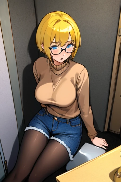 masterpiece, best quality, 1 girl, (************),Brown sweater, denim hot pants, and black tights,yellow hair, short hair, hime cut, blue eyes, {{glasses}}, {{big breasts}},public toilet