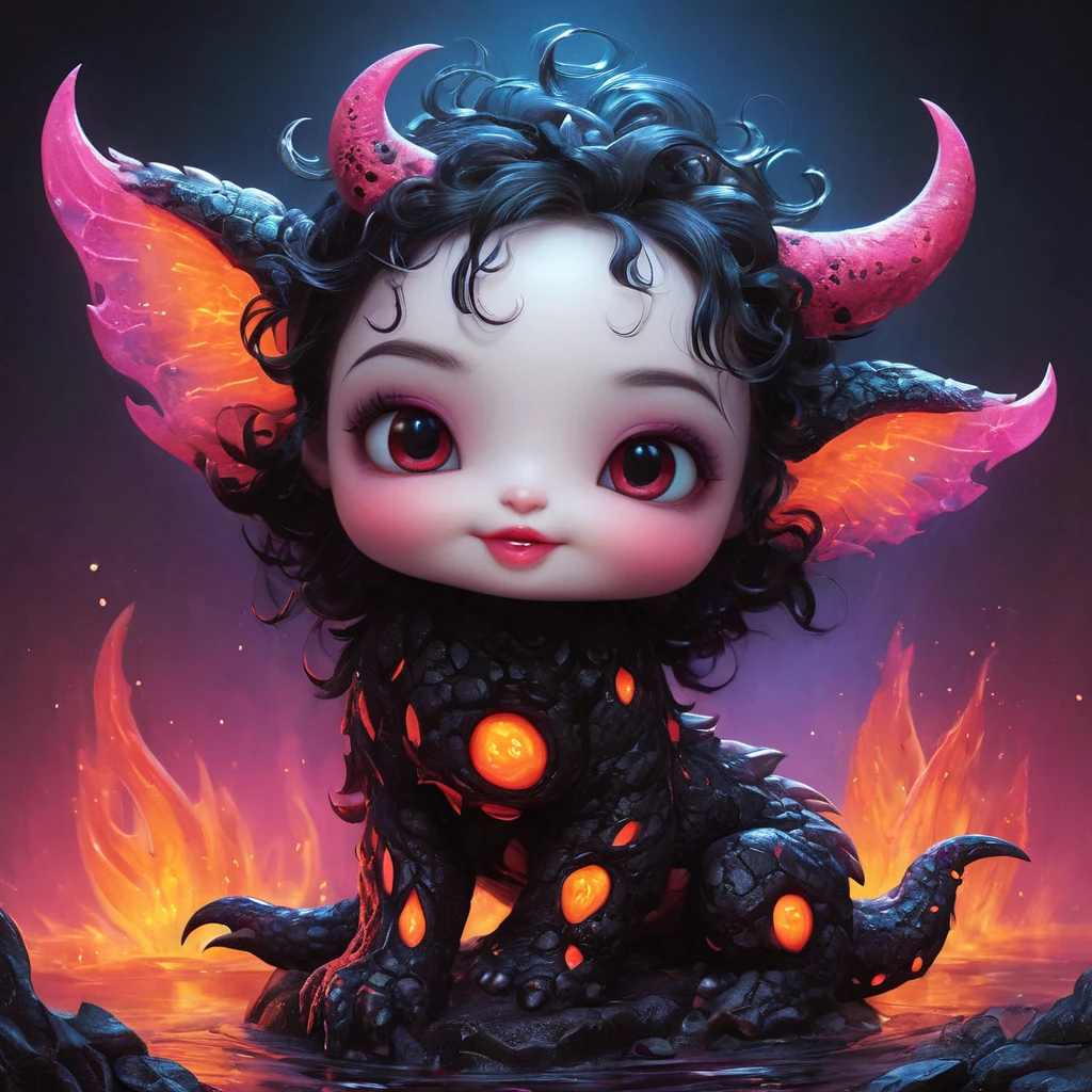 Cute Lava Demon illustrated by Roby Dwi Antono and Jasmine Becket-Griffith, sparkling eyes nestled in a magical landscape, bright colors, fairy-like yet outlandish creature invoking smiles, enchanting charm, play of light and colors highlighting every nuance, neon ambiance, abstract black oil elements and detailed acrylic textures, grunge touches for intricate complexity, Unreal Engine render, photorealistic.