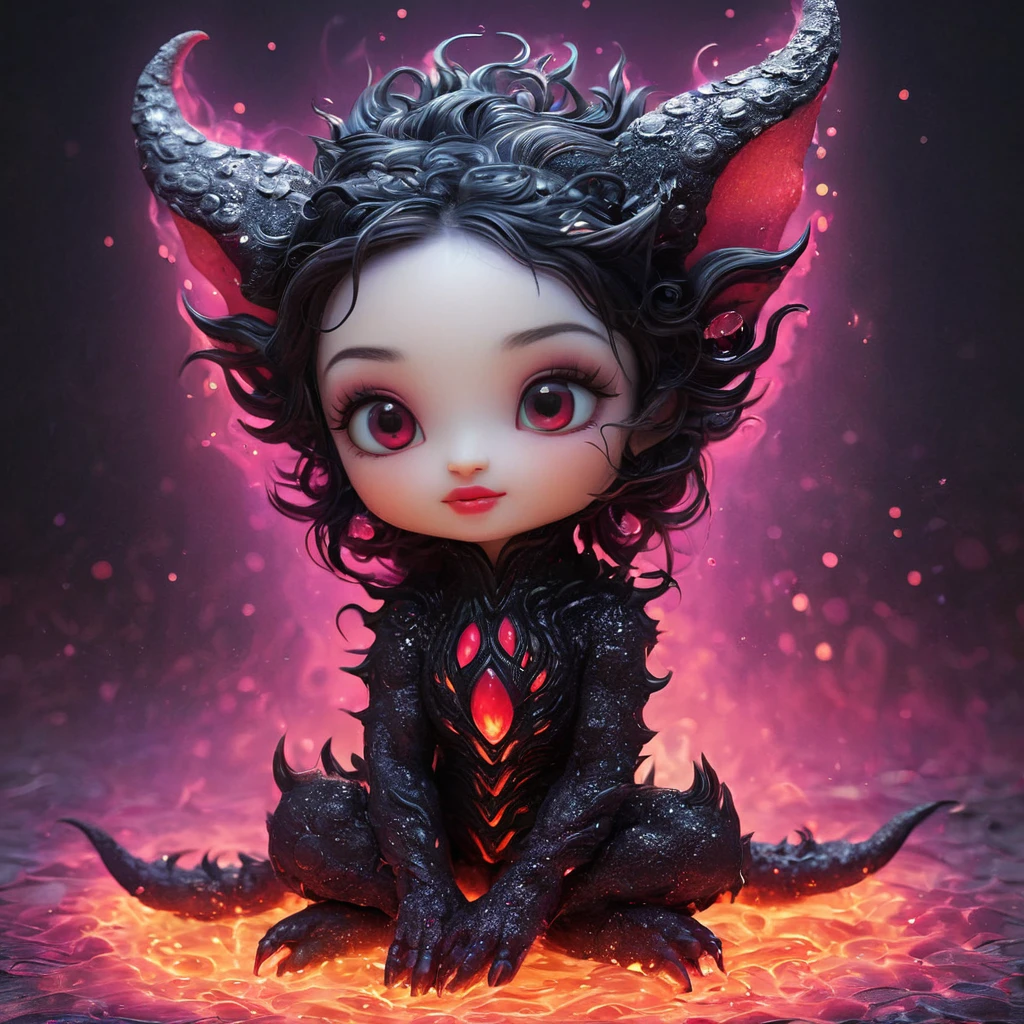 Cute Lava Demon illustrated by Roby Dwi Antono and Jasmine Becket-Griffith, sparkling eyes nestled in a magical landscape, bright colors, fairy-like yet outlandish creature invoking smiles, enchanting charm, play of light and colors highlighting every nuance, neon ambiance, abstract black oil elements and detailed acrylic textures, grunge touches for intricate complexity, Unreal Engine render, photorealistic.