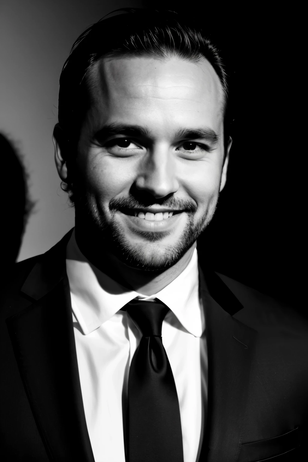 original photo, Half-length portrait of a 37-year-old man，man, Clean face, wearing a dark suit, smiley face, Hard shadows, movie shot, Dramatic Lighting