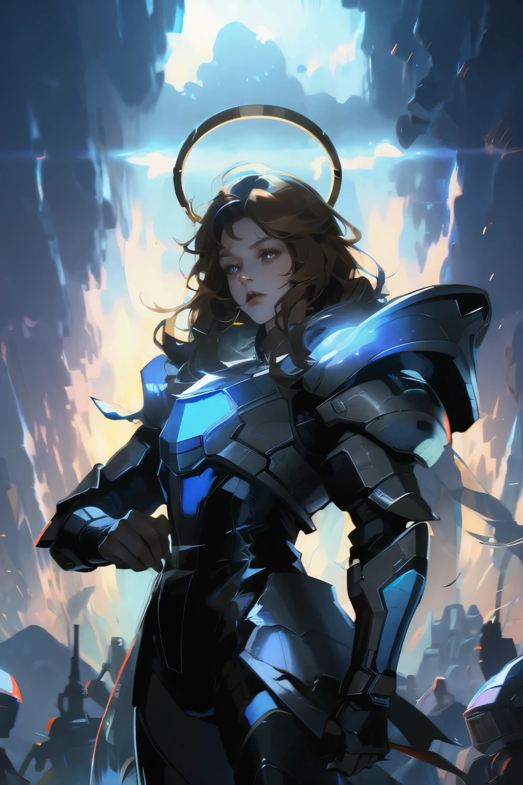 Big black eyes, Halo, Light Brown Wavy Long Hair, Black and blue sci-fi armor, Sci-fi style, high quality, atmosphere, war