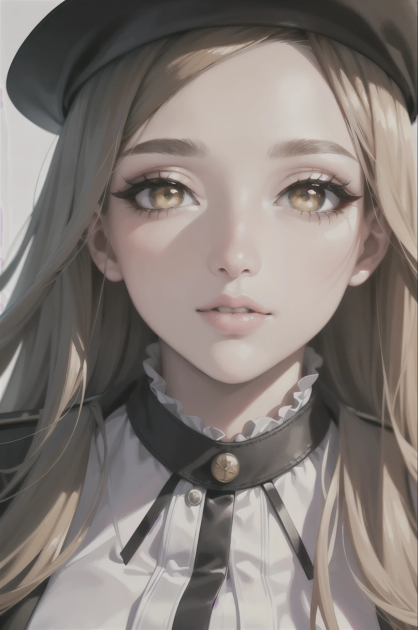 "(A perfect masterpiece:1.2), (the best quality:1.2), stunning face, uniform, mature and chubby, big pupils, bright eyes, makeup, long and luxurious eyelashes, full lips, irresistible charisma."