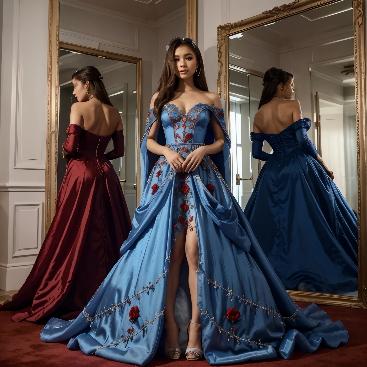 a woman in a red dress standing in front of a blue wall, a red cape, red cape, beautiful gown, gown, royal gown, elegant red dress, fantasy dress, full covered dress, long gown, dressed beautiful gown, dressed in a beautiful red cloak, full dress, red dress, ornate royal gown, in a red victorian era dress, flowing gown pluse lady in a grey dress on the red carpet, vera wang couture, ariana grande, cl, “zendaya, cardi b, full dress, zendaya, expensive voluminous dress, * * * * *, grammy award winning, ariana grande photography, wearing organza gown, taken in the early 2020s, gown, 👁🌹👾, extravagant dress pluse a woman in a blue dress standing in front of a mirror, magical dress, dressed beautiful gown, fantasy dress, gown, beautiful gown, a blue dress, sky - blue dress, very magical and dreamy, royal gown, blue dress, soft elegant gown, beautiful dress, fairytale style, victorian blue dress, cinderella, wearing a magnificent dress, long blue dress, long gown combined all blue red gray dress and make a pretty dress