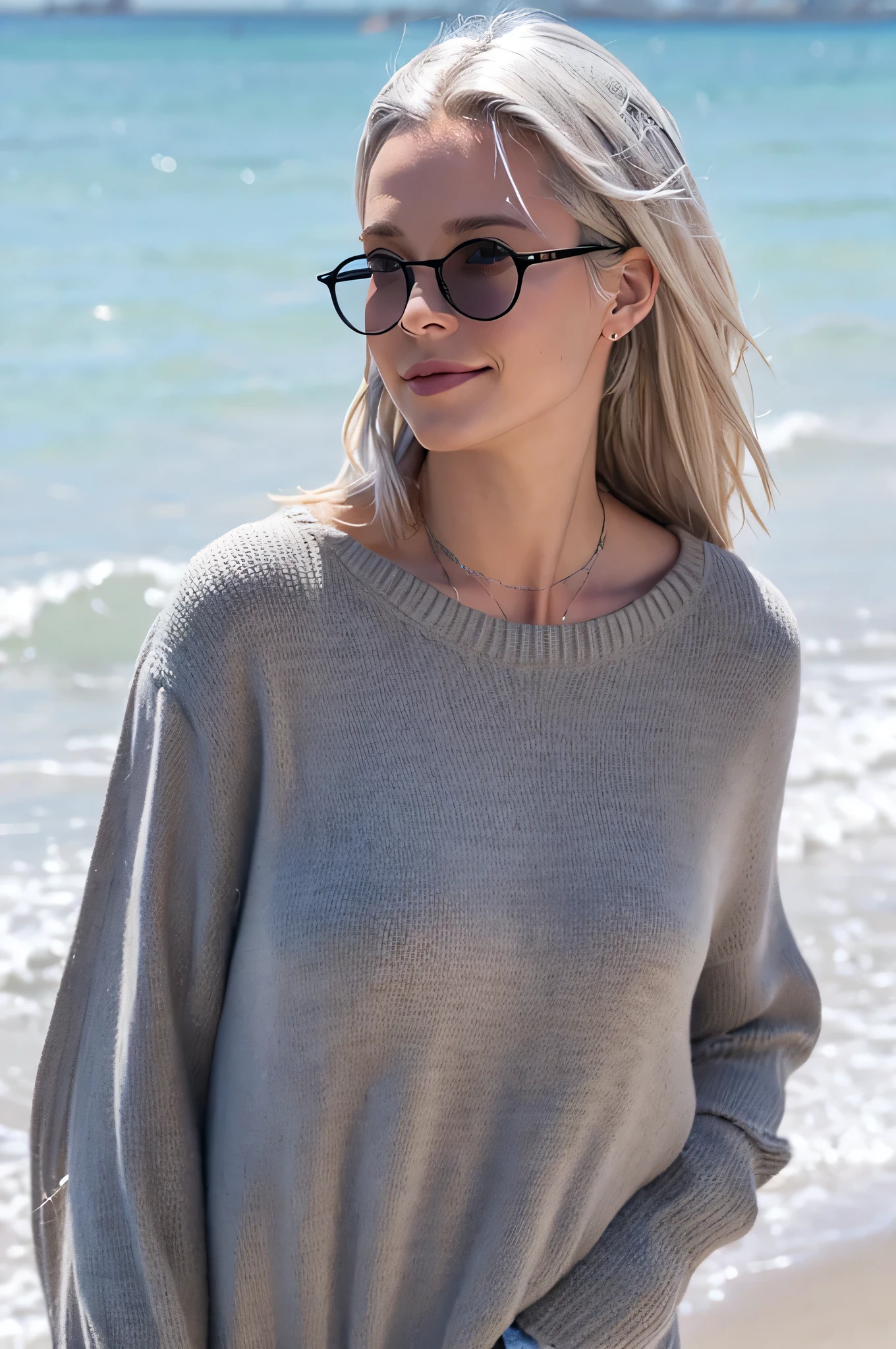 Beautiful blonde with grey hair walking on the beach Glasses
