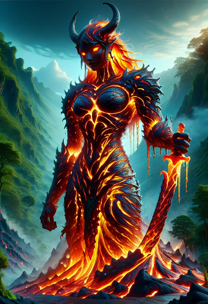 Lava Demon, ral-lava, LavaRay, Demon made entirely of lava, (best quality, highres, ultra-detailed:1.2), intense, fiery, and fearsome Lava Demon, glowing red eyes, sharp fangs and claws, towering over the landscape, surrounded by swirling magma, molten rivers flowing in the background, emitting a sinister glow, smoke billowing from its nostrils, an aura of pure heat and destruction, devilish horns adorned with lava drips, an otherworldly entity emerging from the depths of the Earth's core, surreal and menacing, in the style of dark fantasy art, with vibrant colors and high contrast, cast in a hellish color palette.